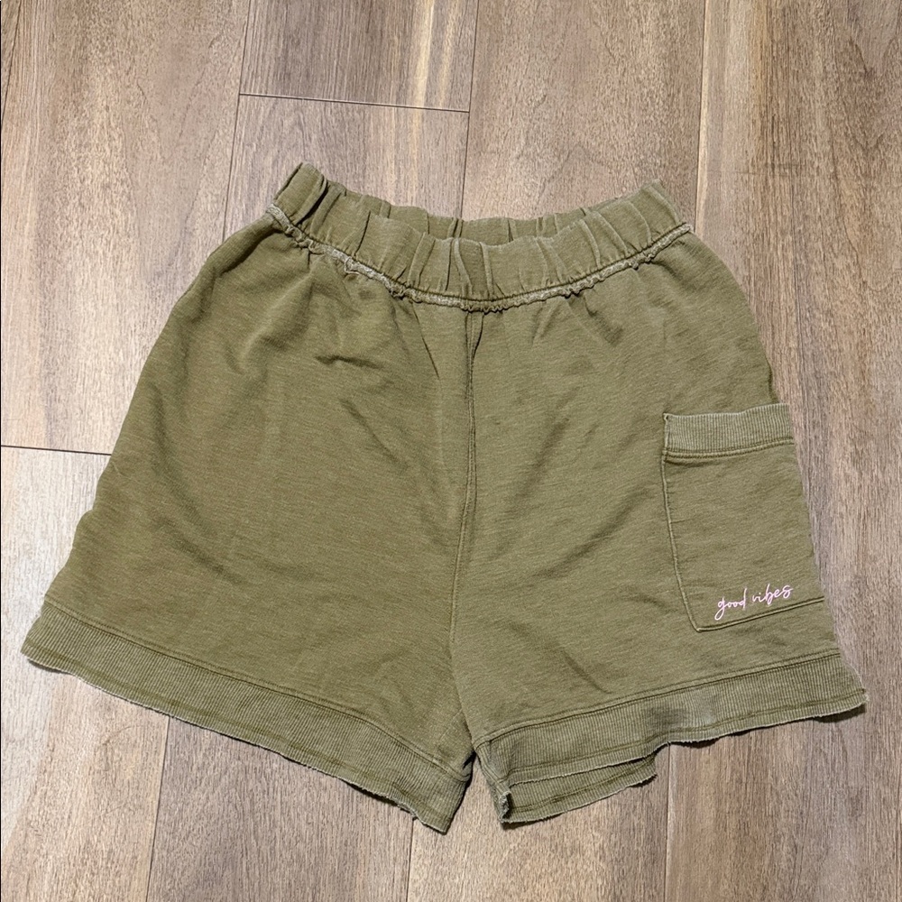 Free People Cozy Cool Girl Olive Green Soft Raw Boho Sweat Shorts